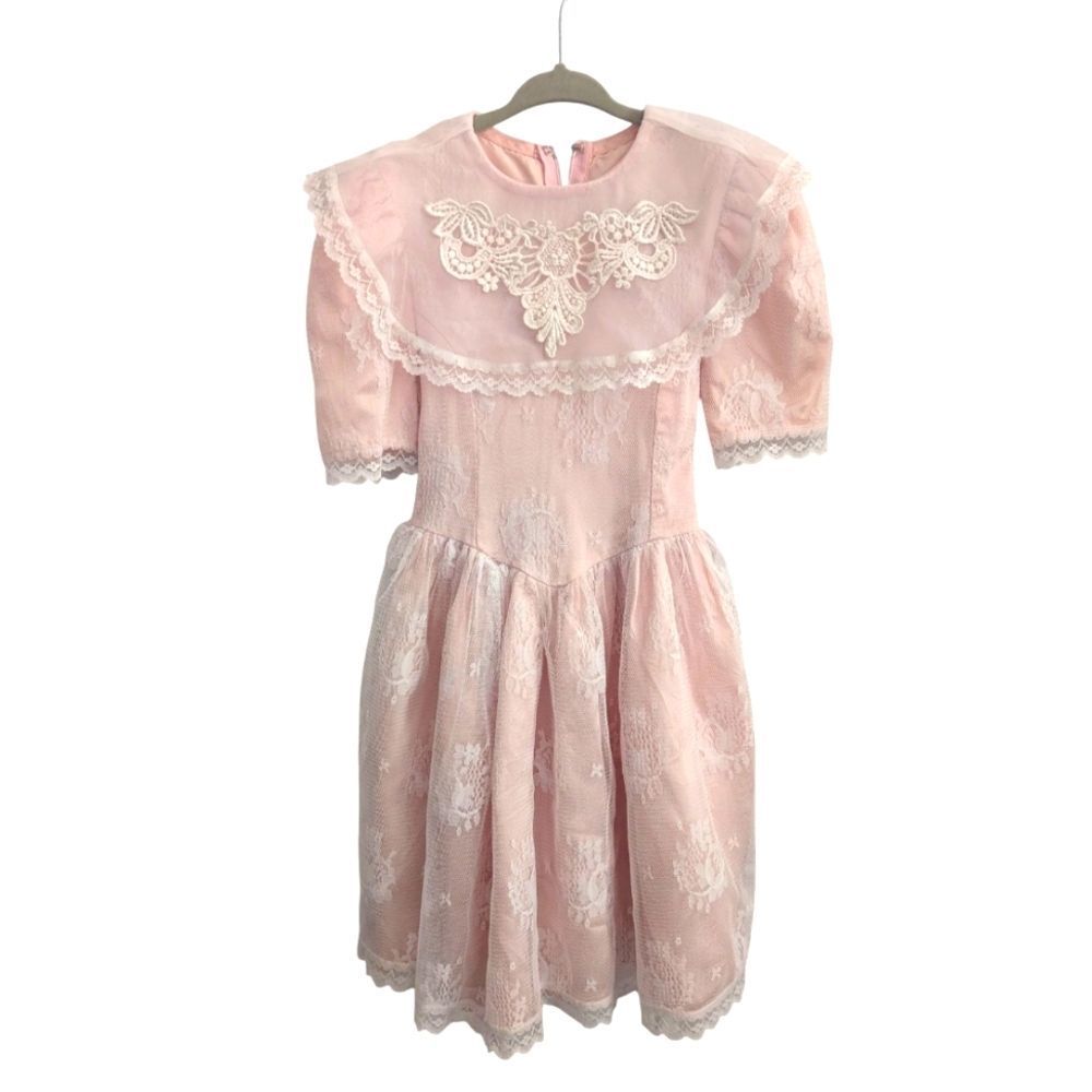 Vintage Girls Pink Satin & Floral Lace Ruffle Dress Size 4
